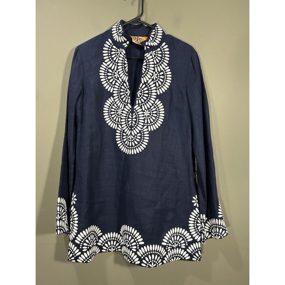 Tory Burch Women's Navy White Linen Tunic Top Sz 8 Boho Chic Preppy Coastal